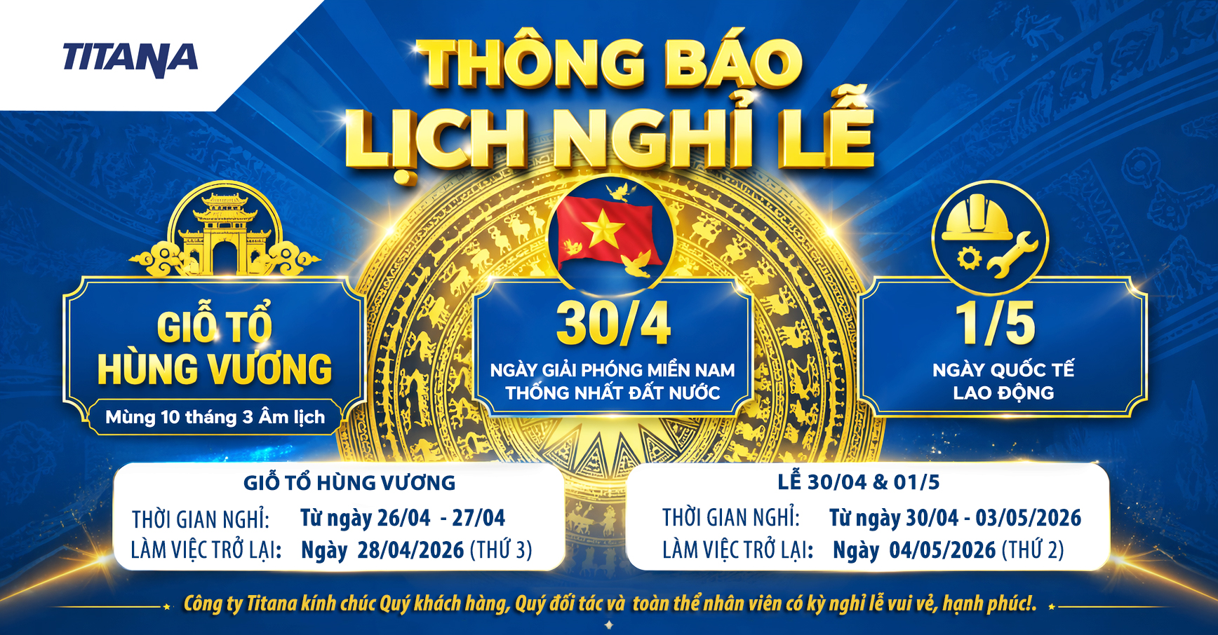 Thôngg báo lịch nghỉ lễ Giổ Tổ Hùng Vương, Giải Phóng Miền Nam, Quốc Tế Lao Động